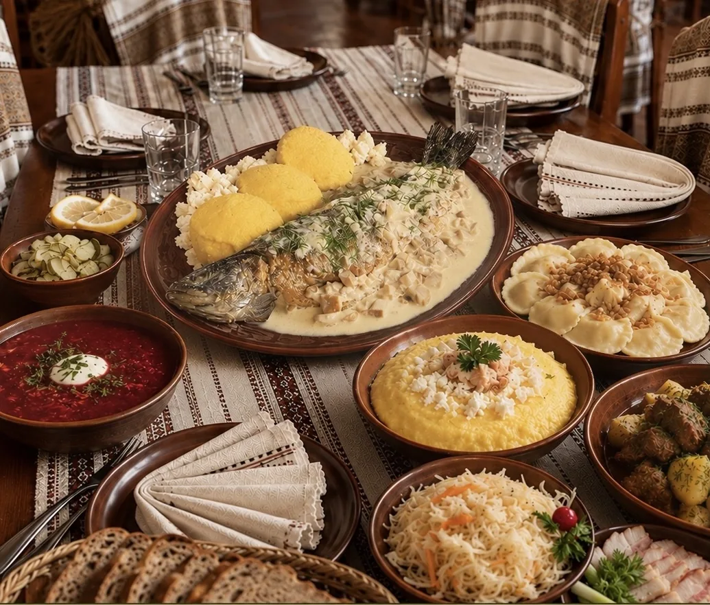A table laid with various Bukovynian dishes at the Stizhok restaurant